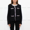 Self Portrait Black On Black Micro Sequins Fabric White Diamante Detail Tweedy Jacket
