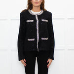 Self Portrait Black On Black Micro Sequins Fabric White Diamante Detail Tweedy Jacket