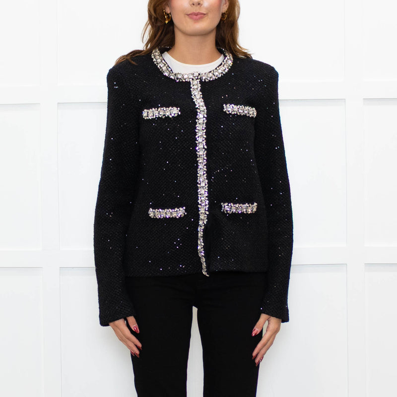 Self Portrait Black On Black Micro Sequins Fabric White Diamante Detail Tweedy Jacket