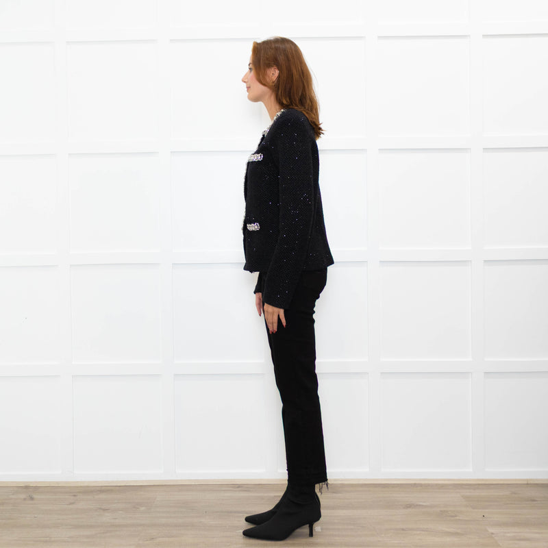 Self Portrait Black On Black Micro Sequins Fabric White Diamante Detail Tweedy Jacket