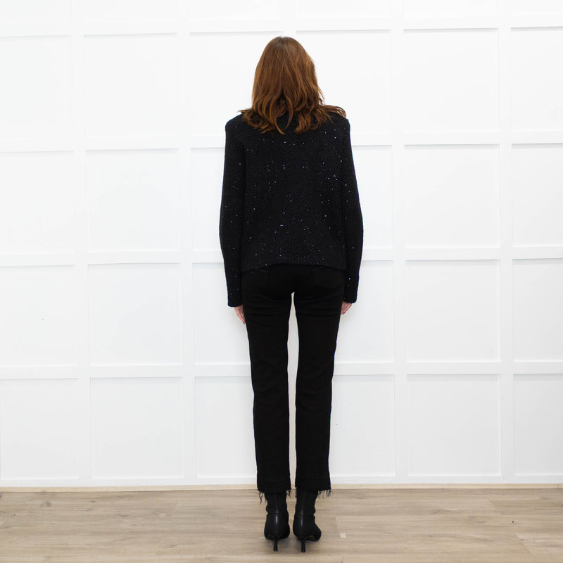 Self Portrait Black On Black Micro Sequins Fabric White Diamante Detail Tweedy Jacket