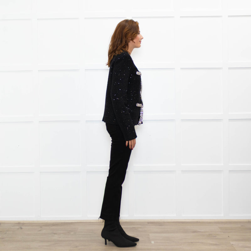 Self Portrait Black On Black Micro Sequins Fabric White Diamante Detail Tweedy Jacket