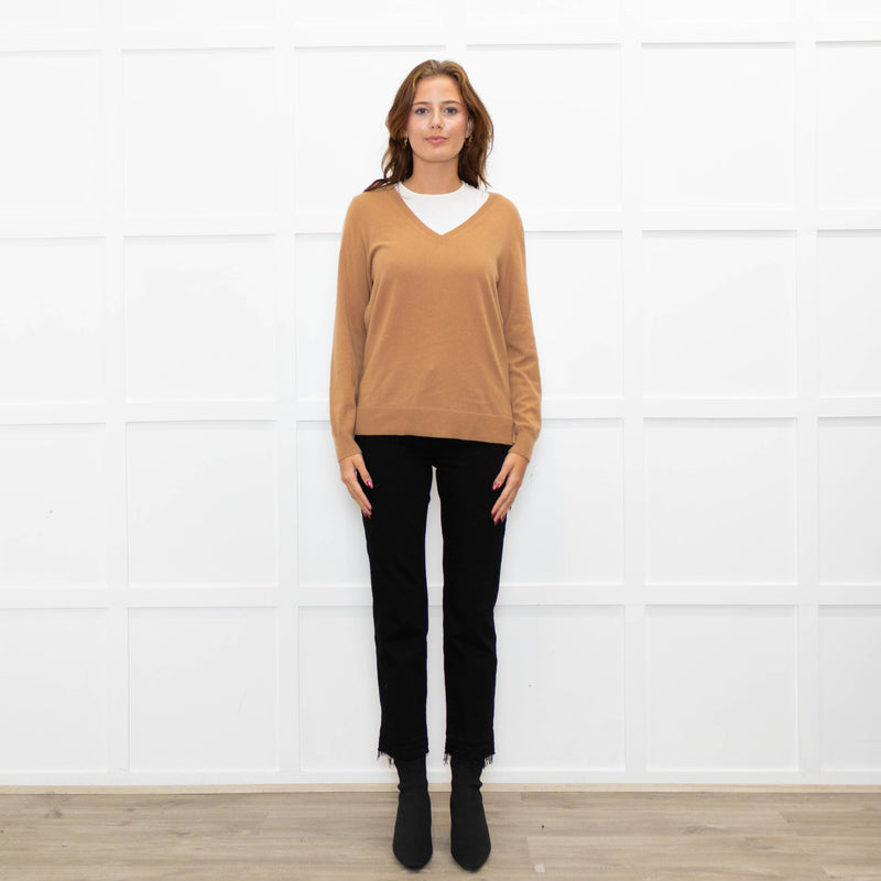 N. Peal Toffee Brown Cashmere V Neck Jumper