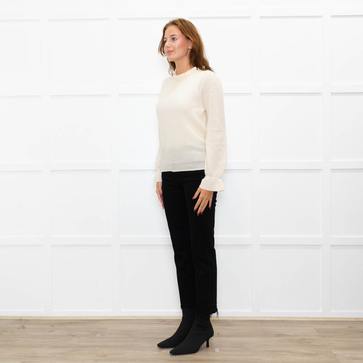 Wyse Cream Textured  Frilled Trim Cotton Sweater