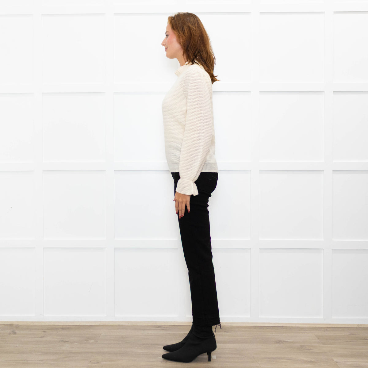 Wyse Cream Textured  Frilled Trim Cotton Sweater