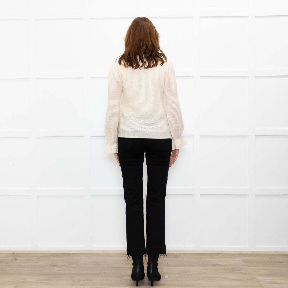 Wyse Cream Textured  Frilled Trim Cotton Sweater