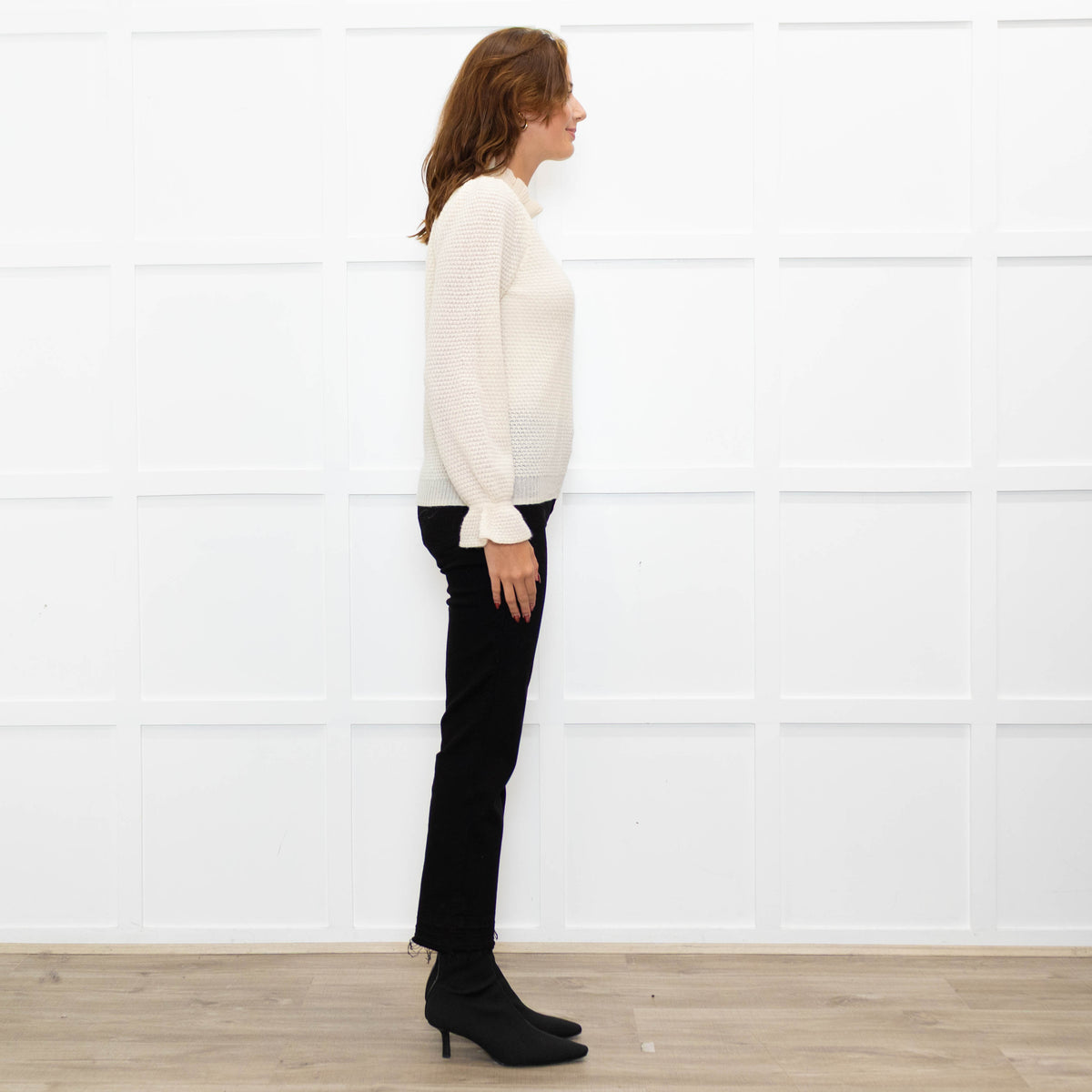 Wyse Cream Textured  Frilled Trim Cotton Sweater