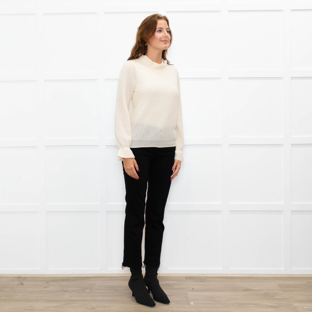 Wyse Cream Textured  Frilled Trim Cotton Sweater