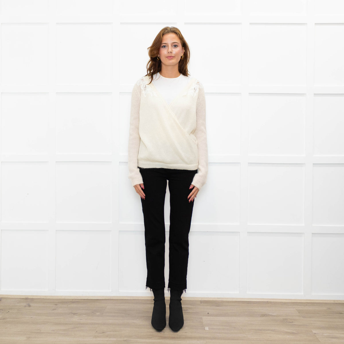 La Maille Sezane Cream White Embroidery Wool Blend Jumper