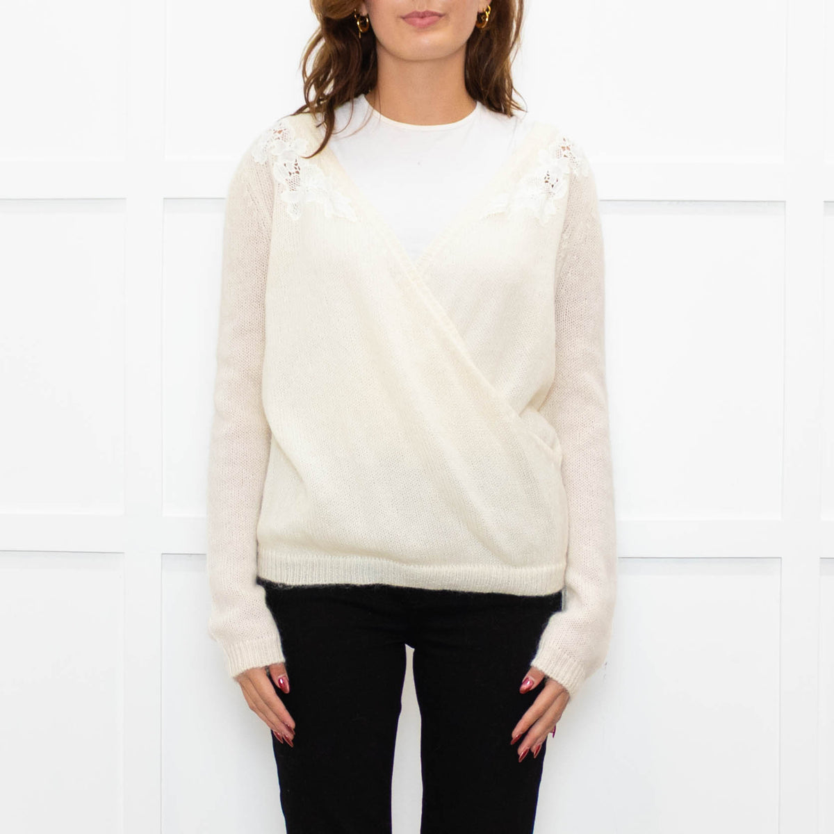 La Maille Sezane Cream White Embroidery Wool Blend Jumper