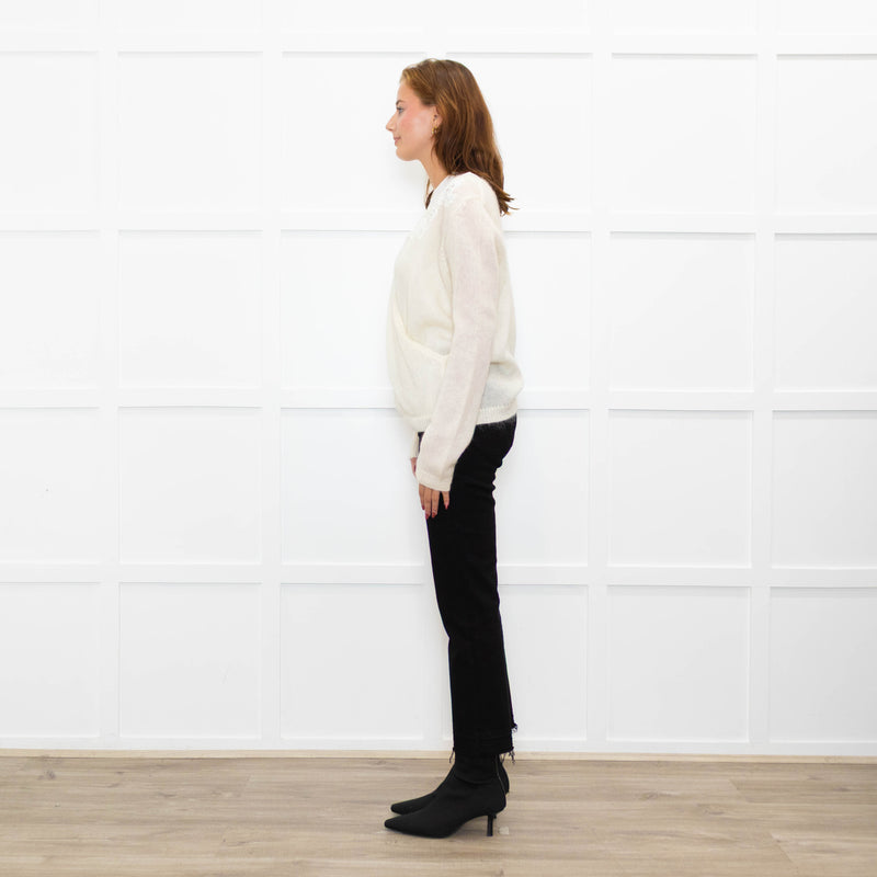 La Maille Sezane Cream White Embroidery Wool Blend Jumper