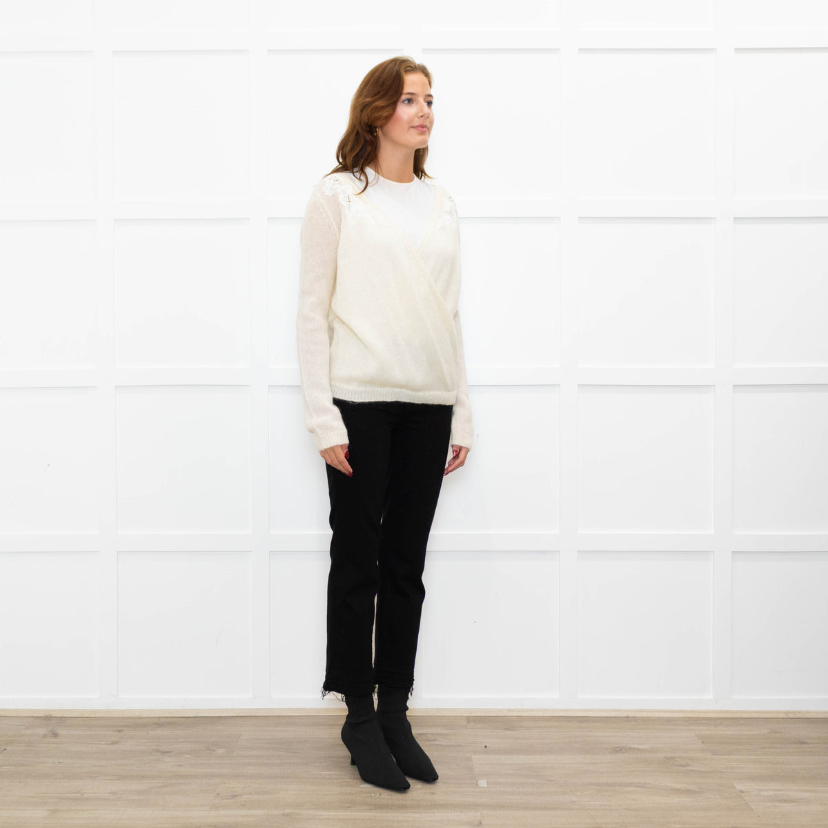 La Maille Sezane Cream White Embroidery Wool Blend Jumper
