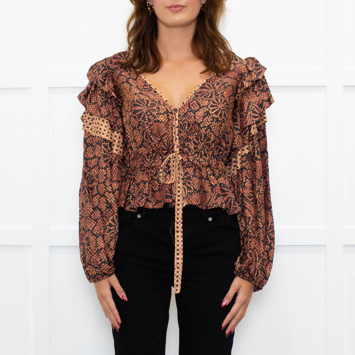 Ulla Johnson Black Red Print Frill Detail Sleeves Belted Waist Silk Top