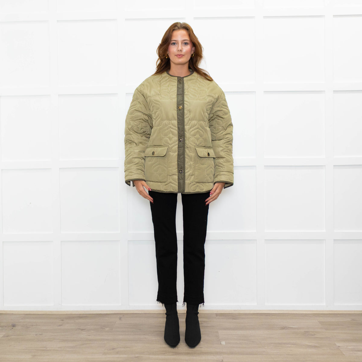 Sandro Olive Green Quilted Oversized Jacket