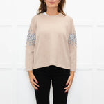J Crew Beige Embellished Sleeve Sweater
