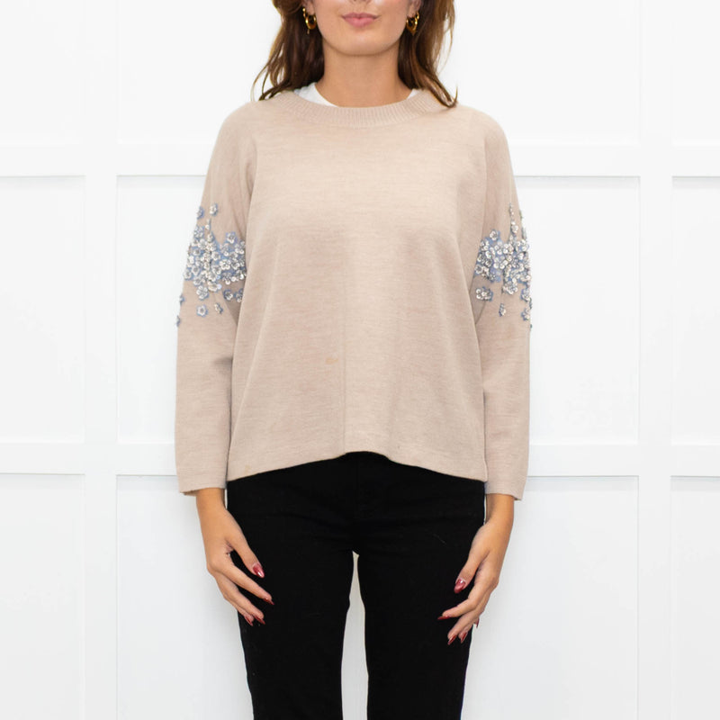 J Crew Beige Embellished Sleeve Sweater