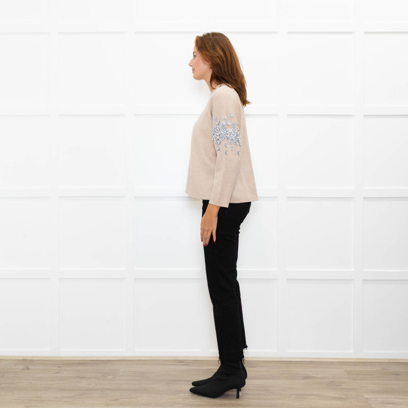 J Crew Beige Embellished Sleeve Sweater