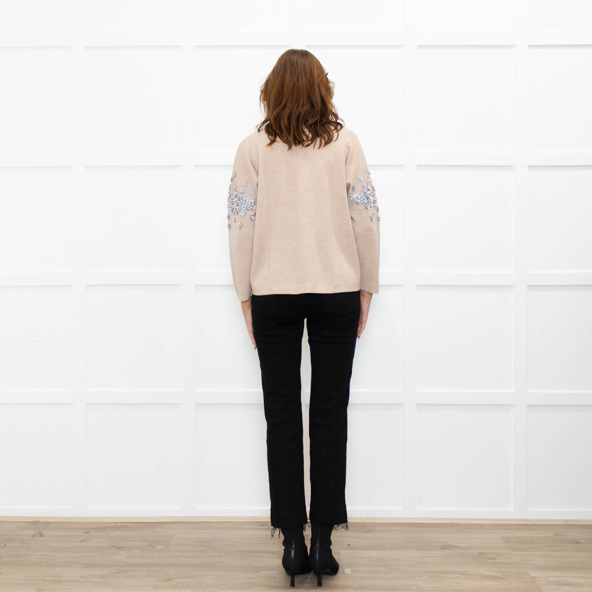 J Crew Beige Embellished Sleeve Sweater