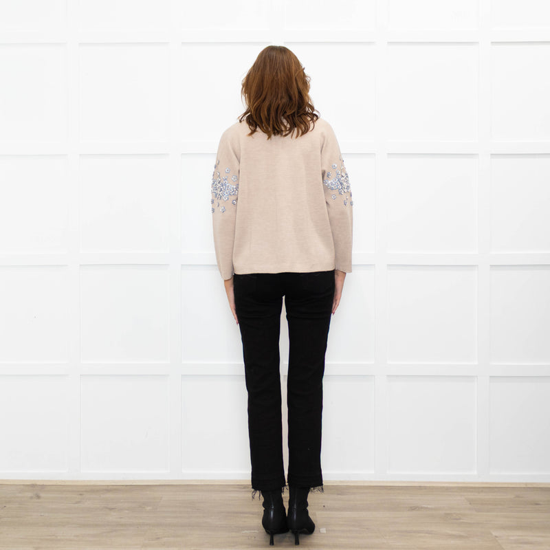 J Crew Beige Embellished Sleeve Sweater