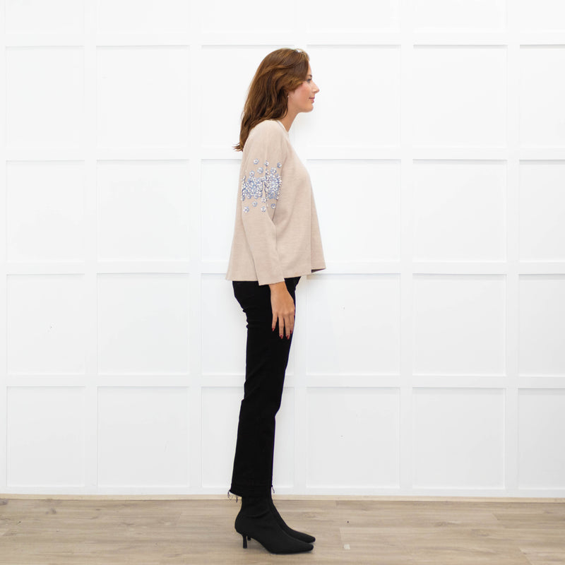 J Crew Beige Embellished Sleeve Sweater