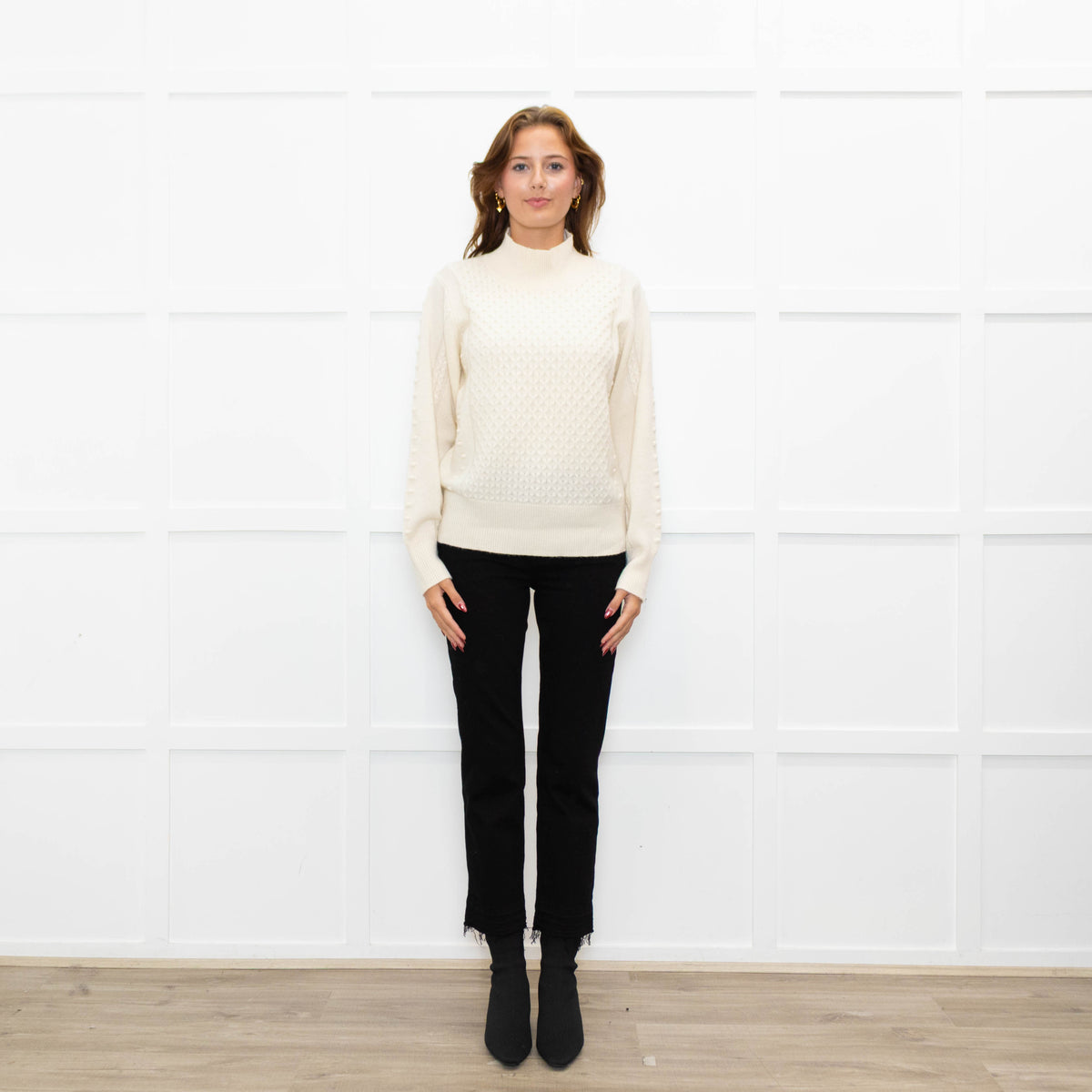 Cocoa Cashmere Cream High Neck Cashmere Cable Sweater