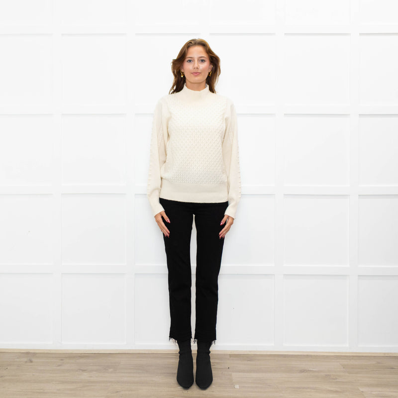 Cocoa Cashmere Cream High Neck Cashmere Cable Sweater