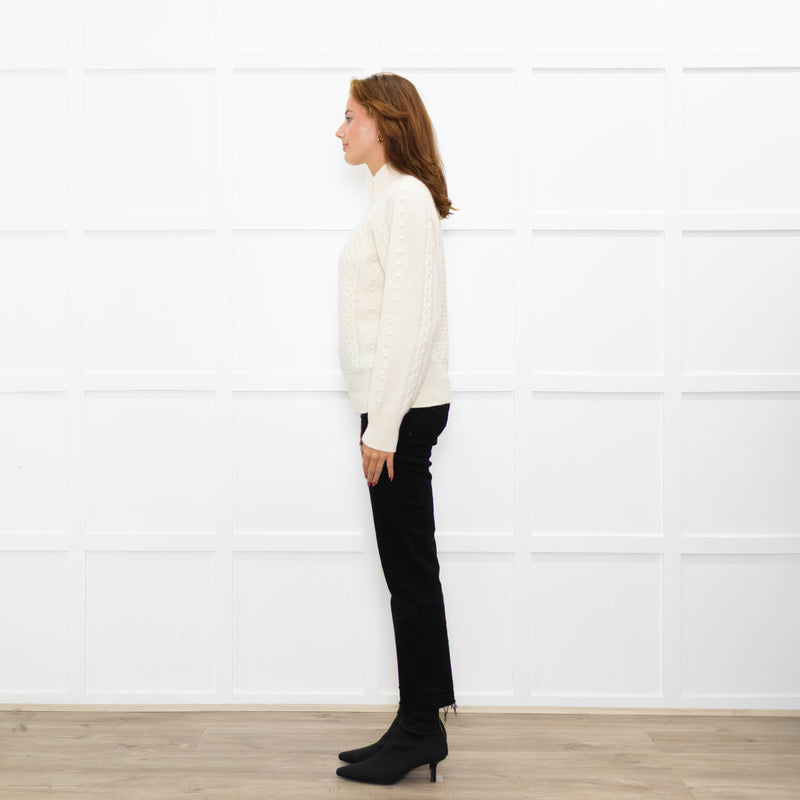 Cocoa Cashmere Cream High Neck Cashmere Cable Sweater