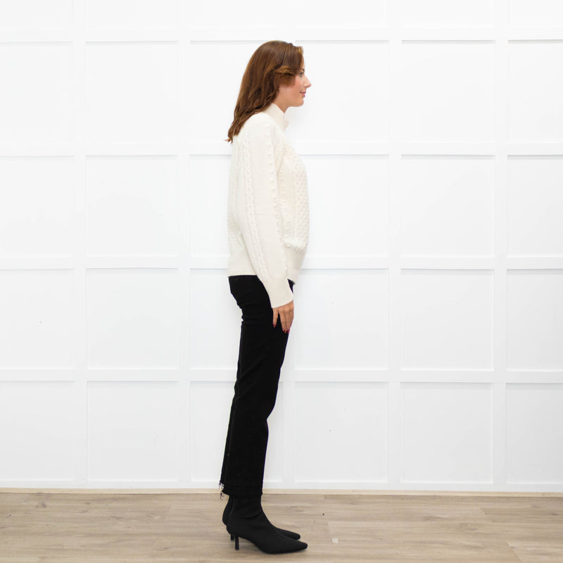 Cocoa Cashmere Cream High Neck Cashmere Cable Sweater