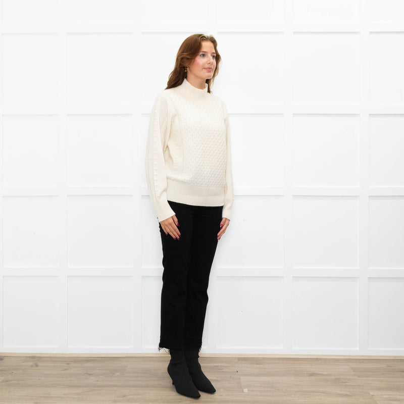 Cocoa Cashmere Cream High Neck Cashmere Cable Sweater