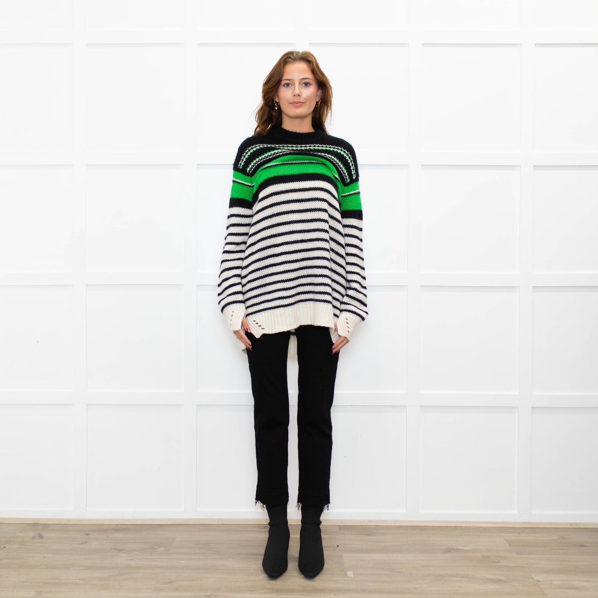 Ermanno Scervino Cream Black Green Striped Cashmere Blend Sweater