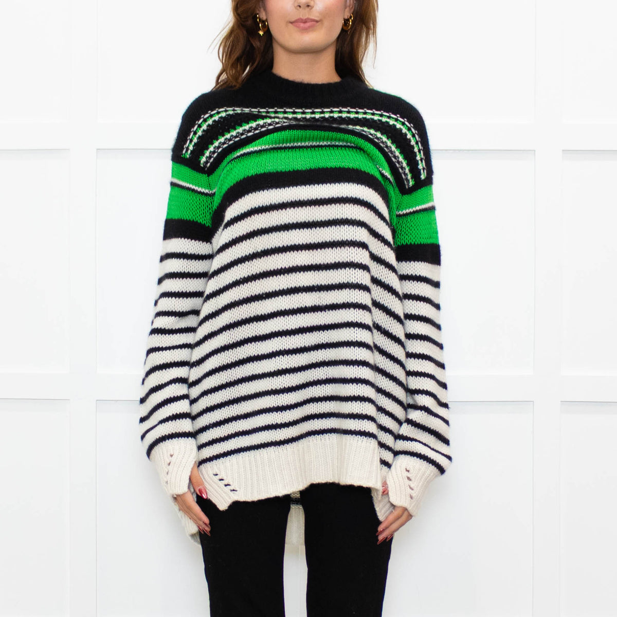 Ermanno Scervino Cream Black Green Striped Cashmere Blend Sweater