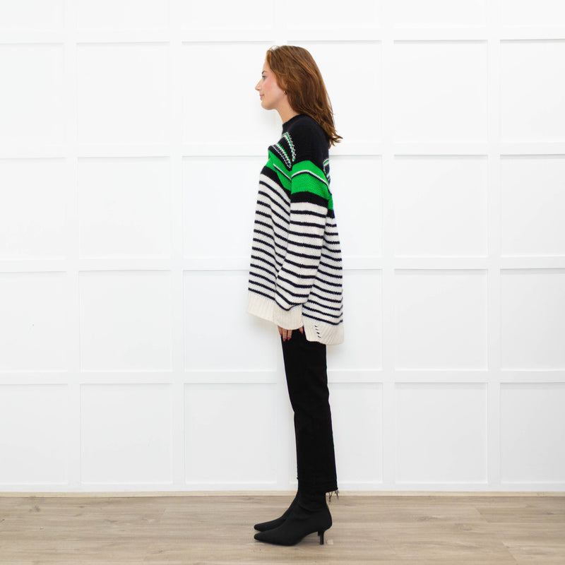 Ermanno Scervino Cream Black Green Striped Cashmere Blend Sweater