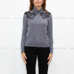 Sandro Grey Black Lace Detail Fine Sweater