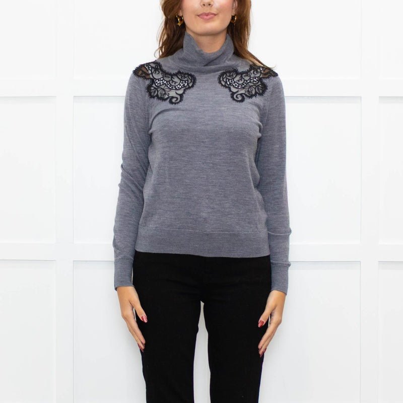 Sandro Grey Black Lace Detail Fine Sweater