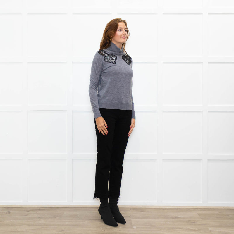 Sandro Grey Black Lace Detail Fine Sweater