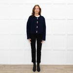 Maje Navy Blue Wool Blend Gold Press Stud Short Jacket