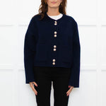 Maje Navy Blue Wool Blend Gold Press Stud Short Jacket