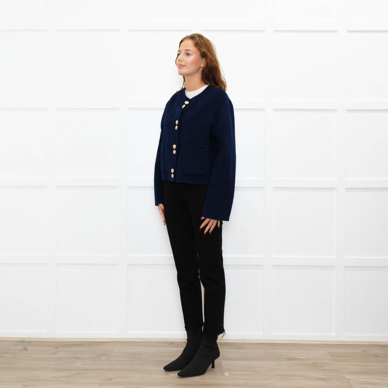 Maje Navy Blue Wool Blend Gold Press Stud Short Jacket