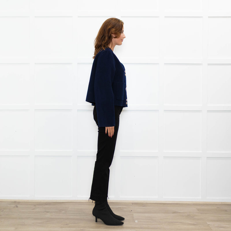 Maje Navy Blue Wool Blend Gold Press Stud Short Jacket