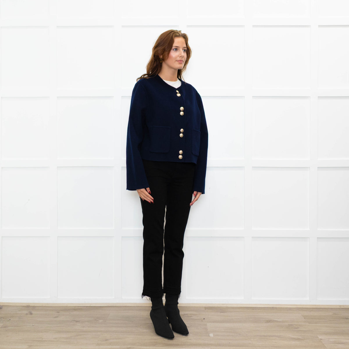 Maje Navy Blue Wool Blend Gold Press Stud Short Jacket