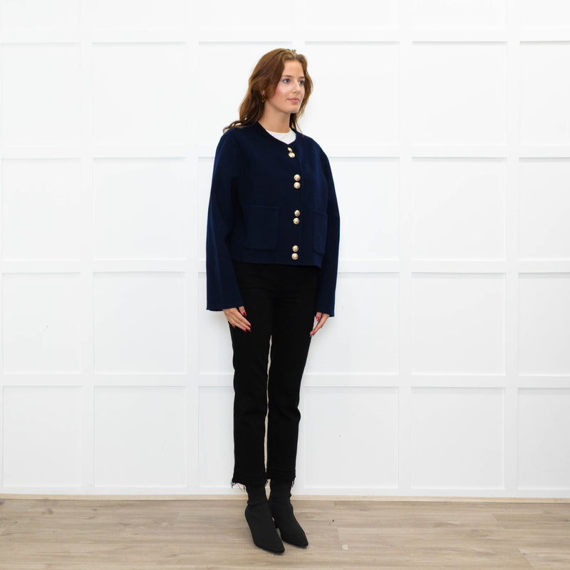 Maje Navy Blue Wool Blend Gold Press Stud Short Jacket
