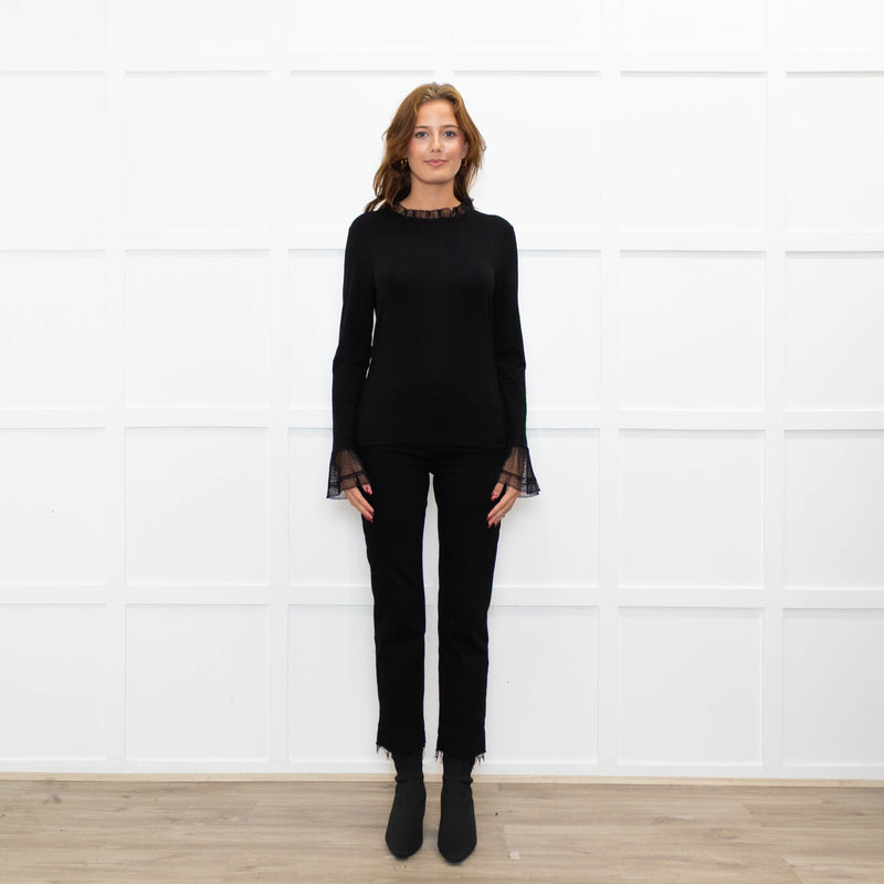 Me + Em Black Lace Trim Cotton Long Sleeve Top