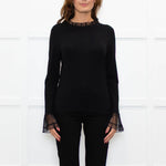 Me + Em Black Lace Trim Cotton Long Sleeve Top