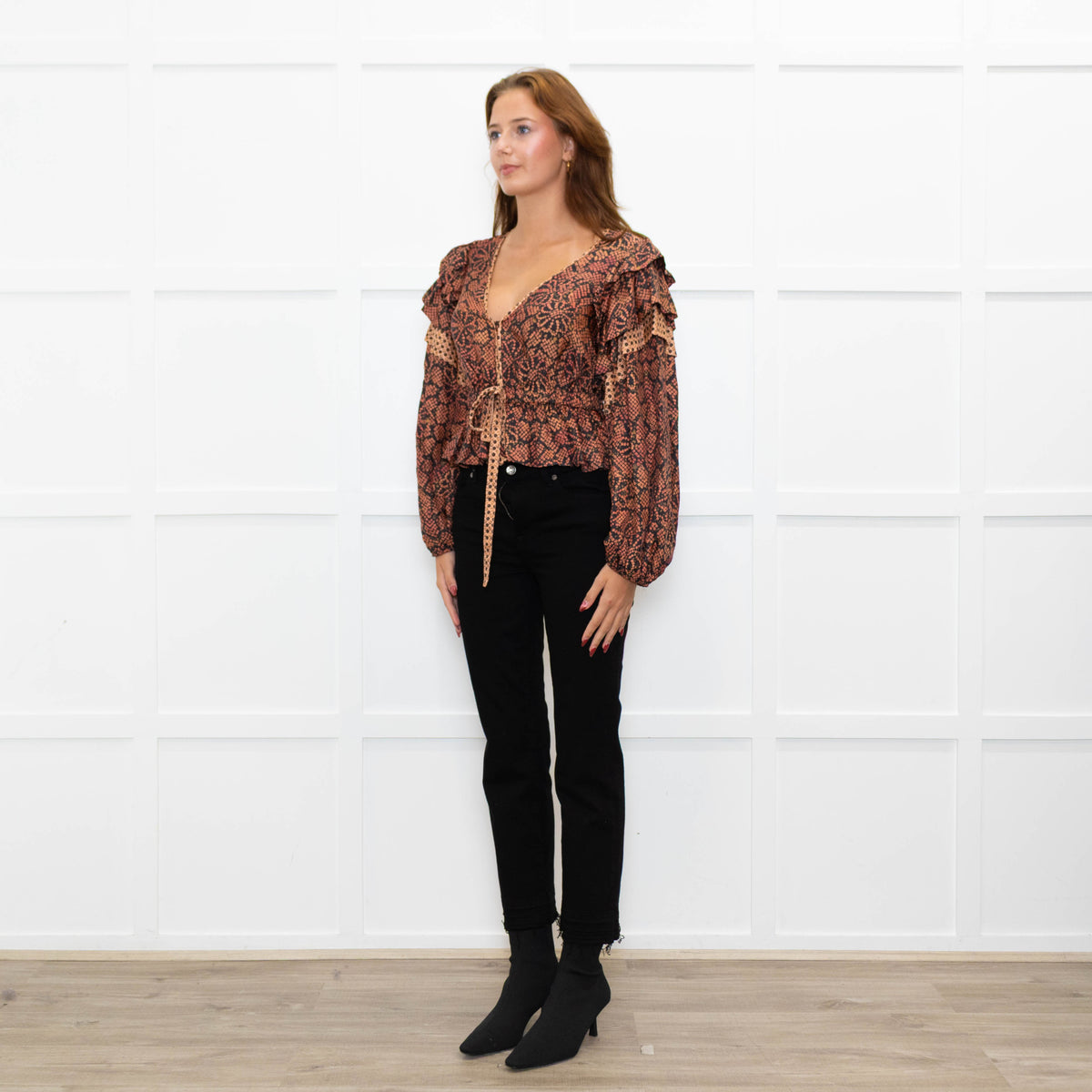 Ulla Johnson Black Red Print Frill Detail Sleeves Belted Waist Silk Top