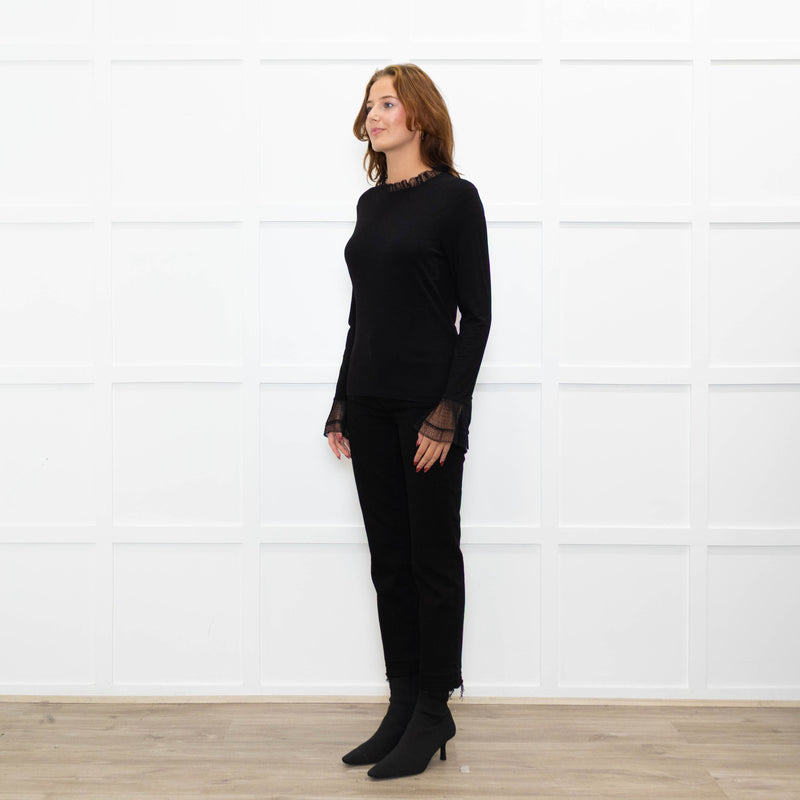 Me + Em Black Lace Trim Cotton Long Sleeve Top