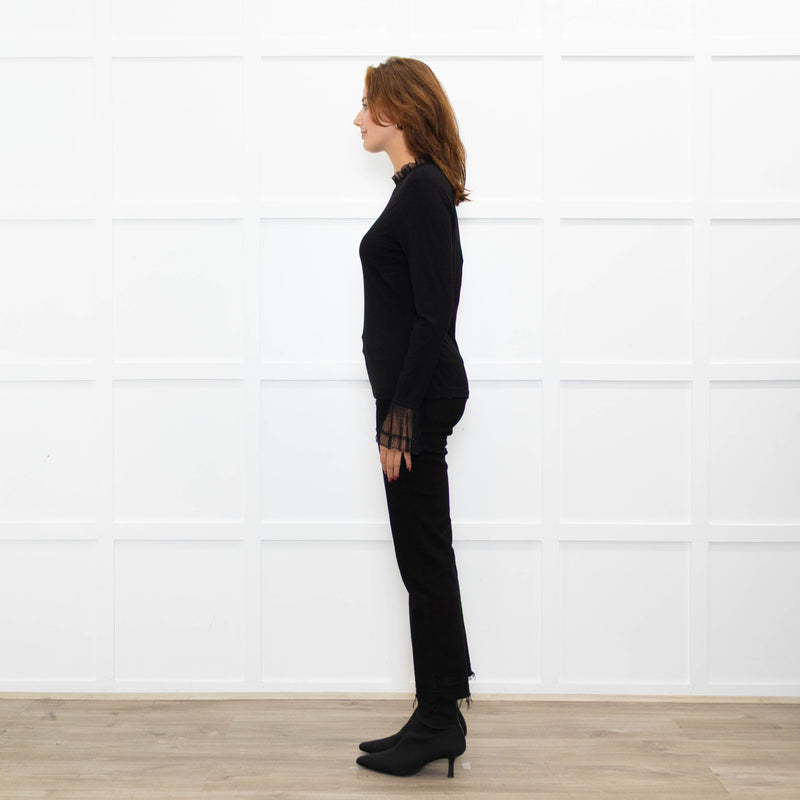 Me + Em Black Lace Trim Cotton Long Sleeve Top