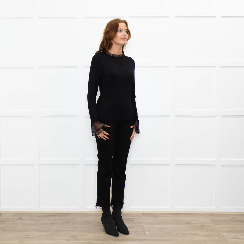 Me + Em Black Lace Trim Cotton Long Sleeve Top