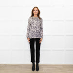 Project AJ 117 Cream Black Animal Print Ruffle Trim Blouse