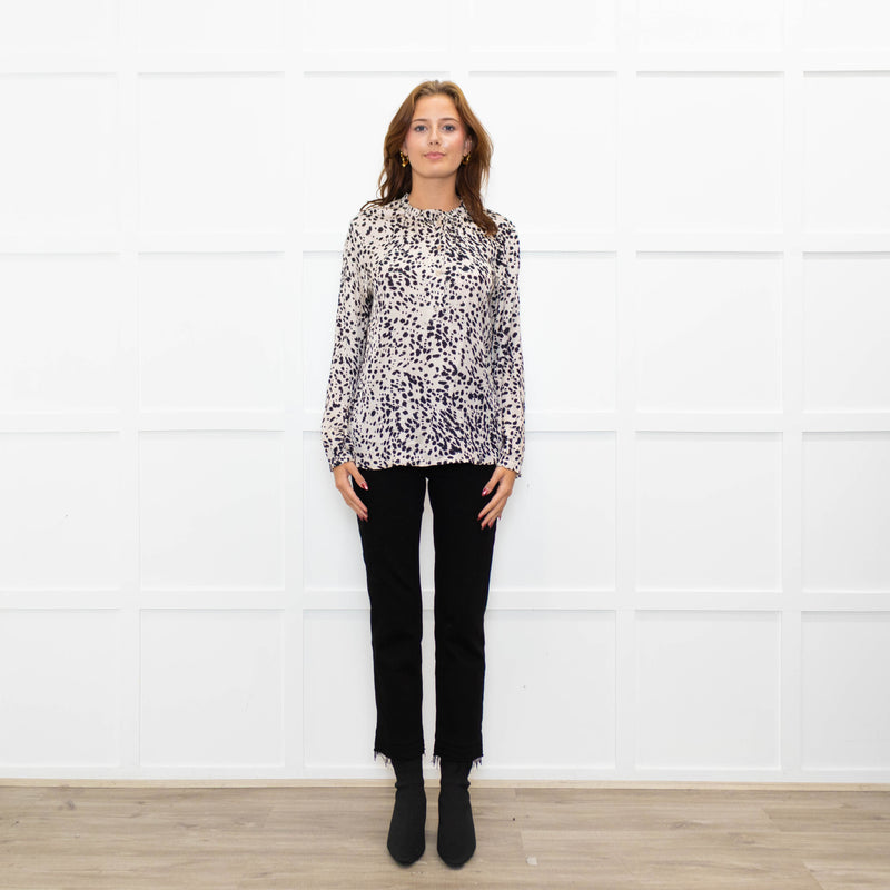 Project AJ 117 Cream Black Animal Print Ruffle Trim Blouse