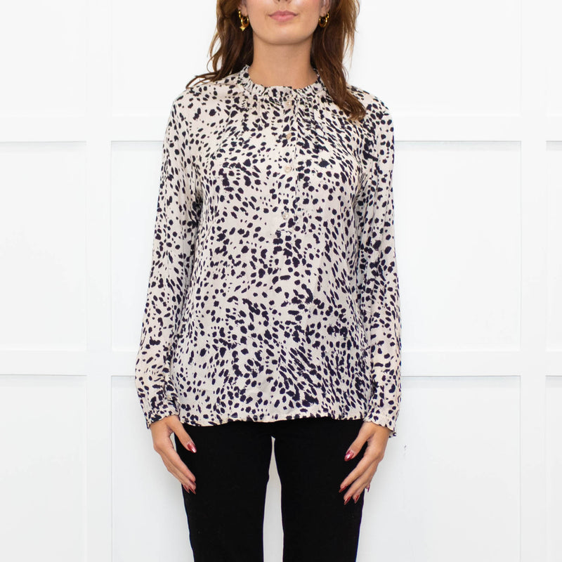 Project AJ 117 Cream Black Animal Print Ruffle Trim Blouse